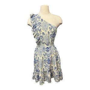 Blue and White Floral One-Shoulder Dress